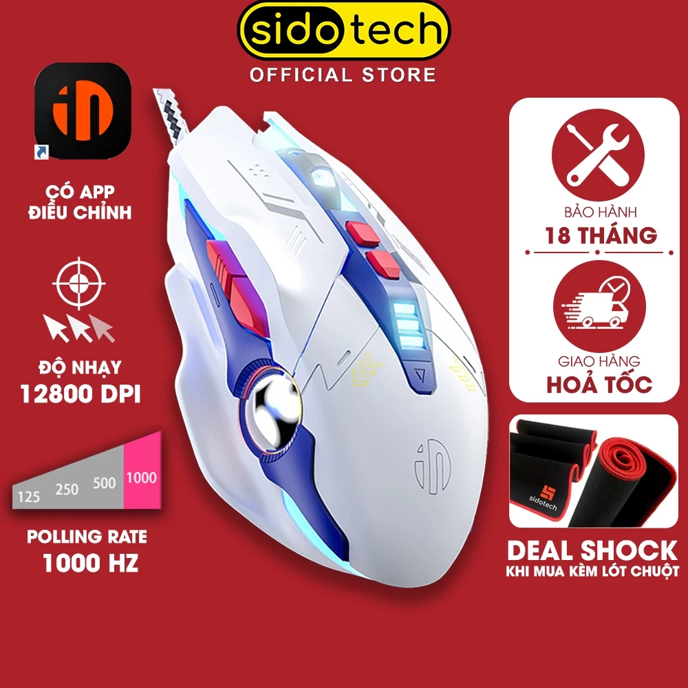 Chuột gaming có dây SIDOTECH INPHIC W9P GUNDAM 7 nút bấm 1000Hz 12800 DPI led RGB có app máy tính laptop