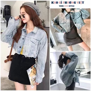 Áo khoác jean dáng croptop tay dài rách cá tính, Áo khoác jean 2 túi trước màu xanh phong cách - KHOSI