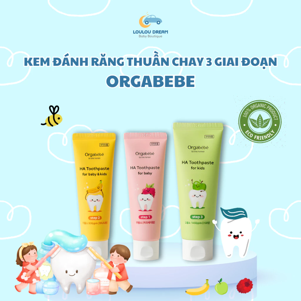 Kem đánh răng Orgabebe thuần chay 3 giai đoạn an toàn cho bé từ 0-7 tuổi