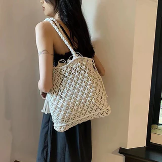 Túi cói đeo vai Vintage đan lưới handmade đi biển túi tote phong cách trendy 2024