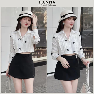 Set áo sơ mi phối nơ viền bèo dáng croptop và chân váy chữ A có quần bảo hộ siêu xinh