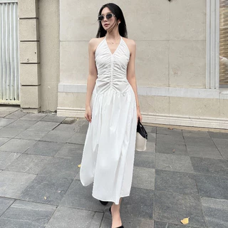 Đầm Muse cổ V xếp nhún thân trước, màu trắng, thân váy xòe tôn dáng | the tendy - natural & minimalist
