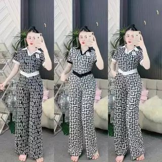 Đồ bộ nữ, set đồ bộ quần ống rộng đai cao có túi và áo croptop cổ sơ mi, bộ đồ mặc ở nhà nữ