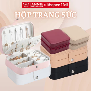 Hộp đựng trang sức phụ kiện du lịch hình vuông nhiều ngăn tiện dụng, hộp nữ trang bọc da sang trọng Annie