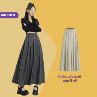 Chân Váy Midi Xếp Ly Rối MICHOO Trẻ Trung Phong Cách Hàn Quốc 3 Màu Đen Ghi Be