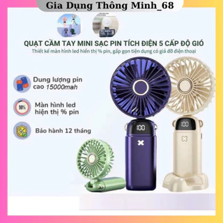 Quạt Mini Cầm Tay Tích Điện N15,Pin Sạc 10.000mAh,5 Tốc Độ Gió, Xoay Linh Hoạt 90 Độ Có Dây Đeo Cổ,Đèn LED Hiển Thị[atr]