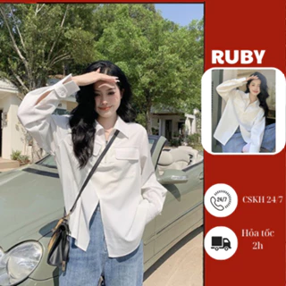 Áo sơ mi xẻ tà Ruby dài tay form rộng, Áo sơ mi có khóa kéo phong cách Hàn Quốc