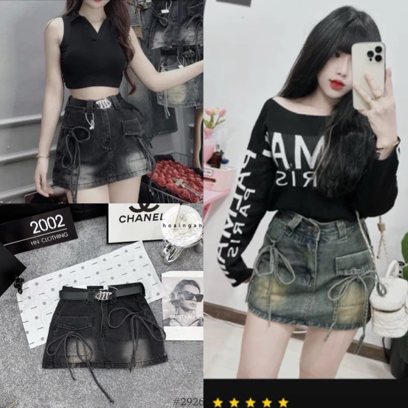 Chân váy jeans túi vuông buộc nơ 2 bên cạp cao có kèm quần trong phom chữ a