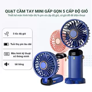 Quạt tích điện mini cầm tay 5000mAh Pin Trâu 20h, xoay 90 độ, pin sạc điện usb làm mát công suất lớn 5 chế độ gió