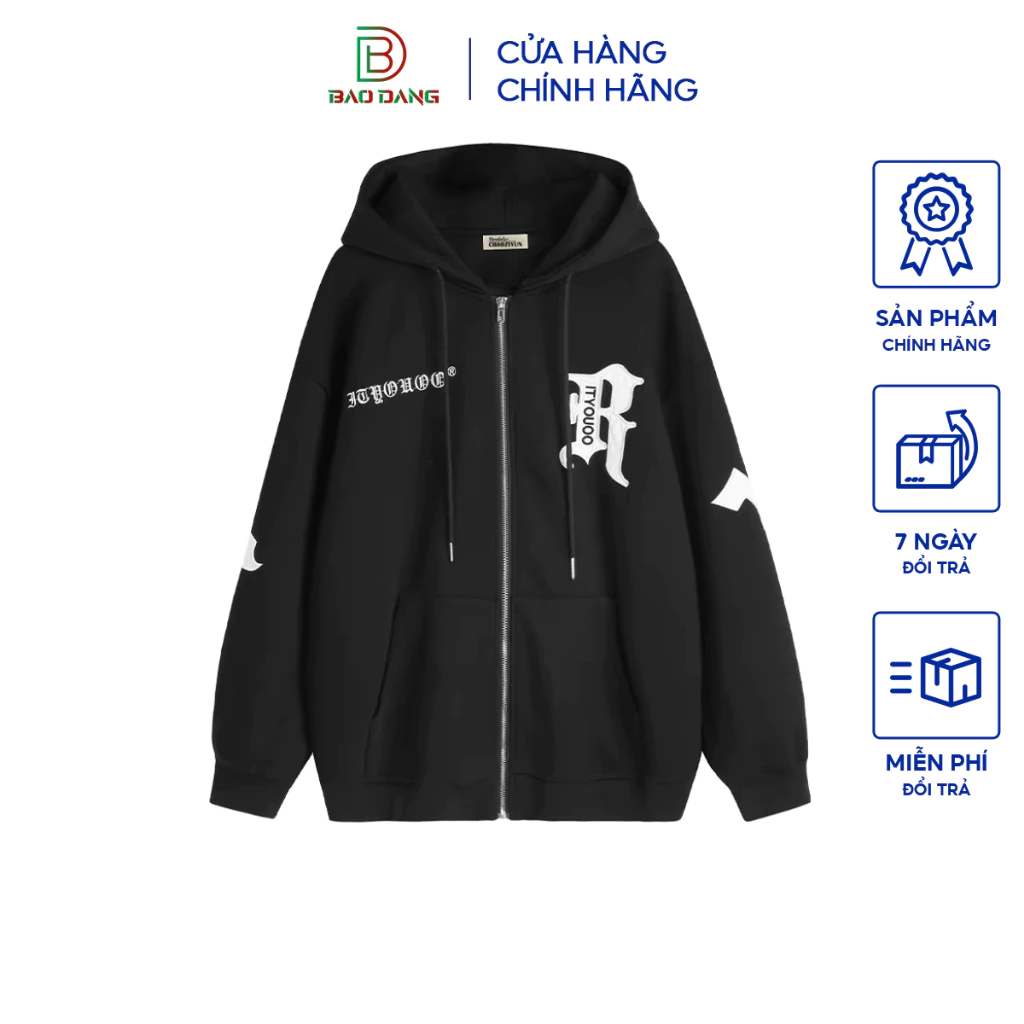 Áo khoác hoodie dây kéo chất liệu nỉ bông họa tiết chữ r from rộng họa tiết siêu ngầu nhiều màu Bảo Đăng.