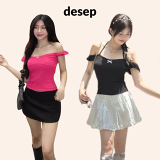 Áo thun cổ vuông Desep đính nơ có dây cột dáng croptop chiết eo tiểu thư sang chảnh A004