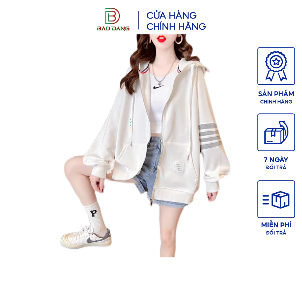 Áo hoodie zip from rộng chất liệu nỉ bông họa tiết phối sọc tay Bảo Đăng.