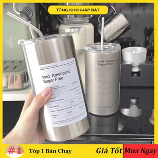 Bình đựng nước giữ nhiệt Iced Americano có ống hút dung tích 600ml, Ly cốc giữ nhiệt cute uống cà phê dùng văn phòng