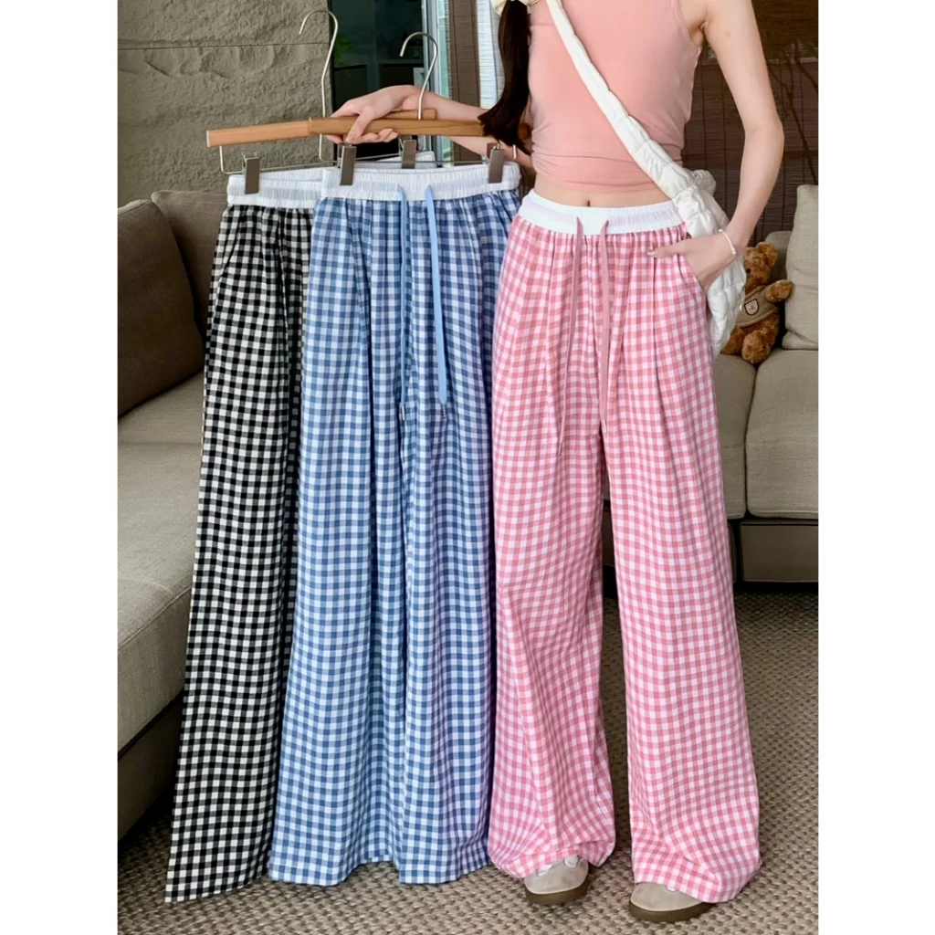 Quần Suông Ống Rộng Nữ Caro Phối Cạp Chun Trắng Hot Trend V58D