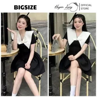 Váy nữ bigsize cổ trắng đính nơ đá dáng ngắn màu đen chất tuyết mưa hot trend Huyền Lucy Bigsize