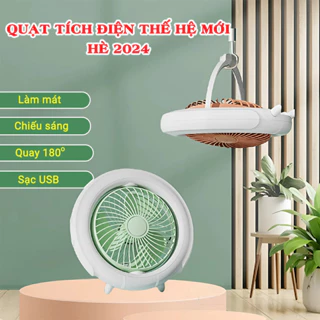 Quạt Tích Điện Sạc USB Mẫu Mới 2024 Tích Hợp Đèn Led Nhỏ Gọn Phù Hợp Để Bàn, Treo Tường Dung Lượng Pin Trâu,Lỗi 1 Đổi 1