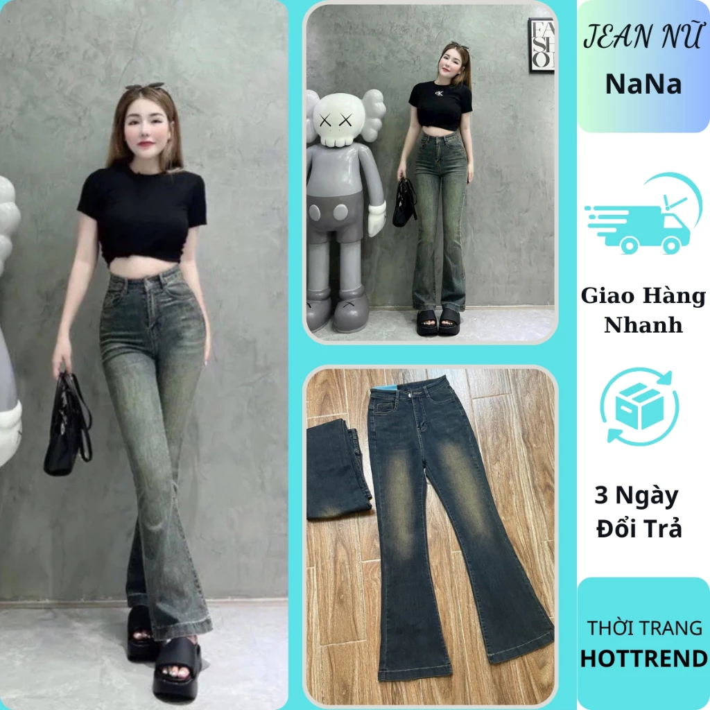 Quần jean nữ ống loe mài 2 bên đùi co giãn 4 chiều cạp cao siêu háck dáng - Nana Shop