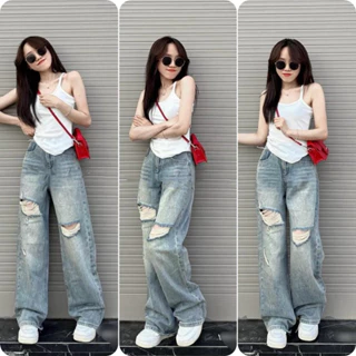 (có Bigsize) Quần jean ống rộng nữ lưng cao rách rối loang màu xanh đá bụi siêu hot TNGER QC