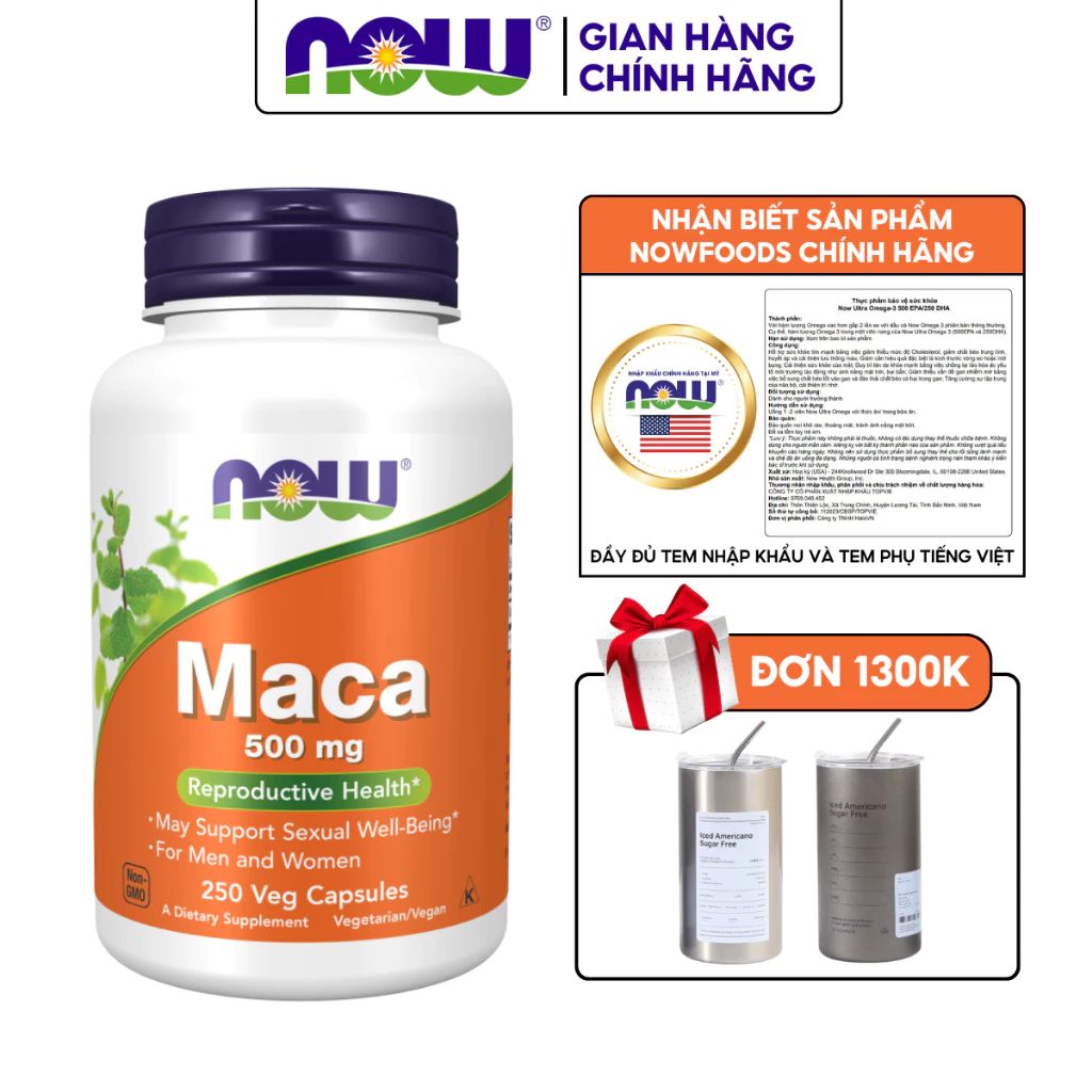 Viên uống Now Maca 500mg của Mỹ hỗ trợ tăng cường sinh lý cho nam lọ 250 viên