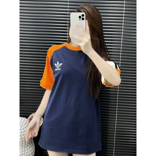 Áo Phông Nam Nữ Thêu Logo Das Cỏ Ba Lá Ngực Phối Raglan Cổ Cam Than Be Cam 3 Sọc Viền Tay