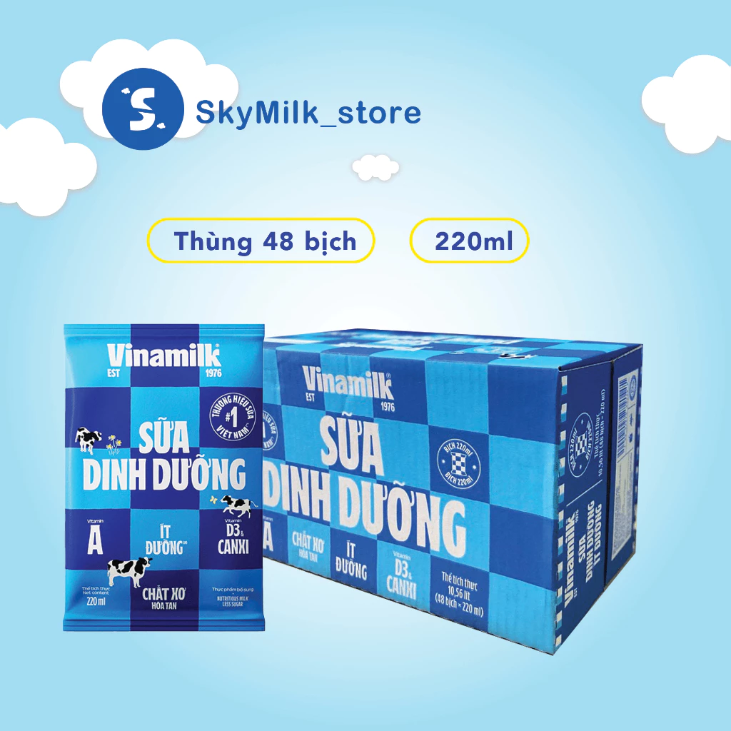 Sữa dinh dưỡng vinamilk it đường 220ml (1 thùng 48 bịch)