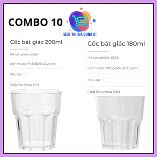 Combo 10 Cái Ly Cốc Nhựa Trong Suốt Bát Giác Uống B ia Uống Trà Nước Ép Trái Cây 180ml,200ml