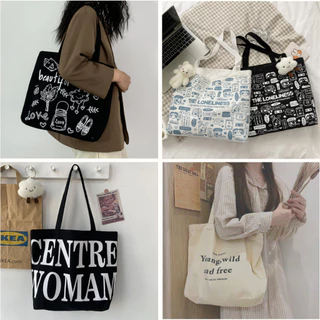 Túi tote vải canvas có khóa miệng ngăn phụ bên trong thời trang phong cách hàn quốc