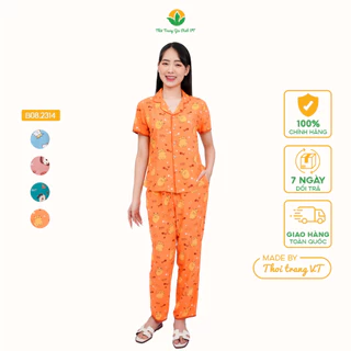 Bộ đồ mặc nhà Pijama lanh nữ Việt Thắng quần dài áo cộc tay cổ 2 lớp - B08.2314