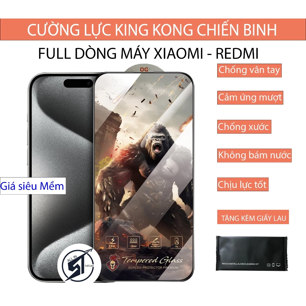 Kính cường lực KingKong Redmi 12C / 12 / 13 / Redmi 9 / 9A / 9C / 10 / 10C / Note 9S / Note 13 ....