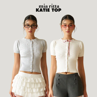 Áo cộc tay Katie Top Mia Riita A2196 - Áo len dệt kim cộc tay phối nơ - Áo len ngắn tay cài khuy