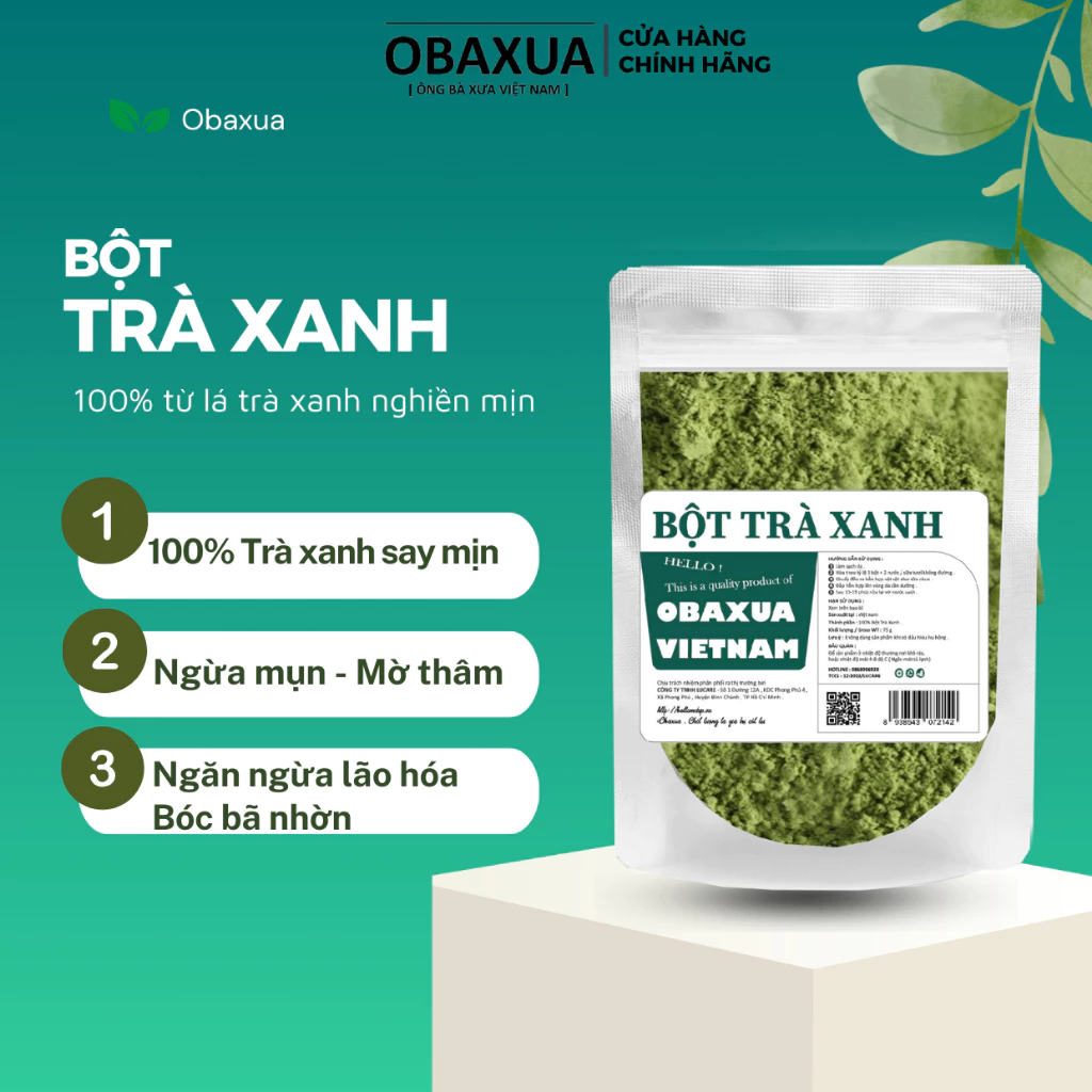 Bột trà xanh đắp mặt nguyên chất sấy lạnh hữu cơ Obaxua 100% Organic