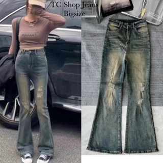 [ TCshopjean Bigsize ] Quần Jeans Ống Loe Cao Cấp Nữ Bigsize Rách Gối Lưng Cao Bass To Hàng Shop Màu Dơ Rêu 338