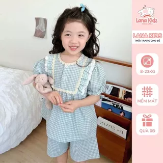 Set Bộ Ngủ Bé Gái Caro Ren Nơ Thô Mềm Bộ Pijama Mặc Nhà Cho Bé Lana Kids S007