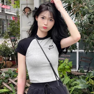 Áo croptop nữ tay ngắn cổ tròn chất thun gân co dãn, Áo thun croptop phối màu tôn dáng phong cách