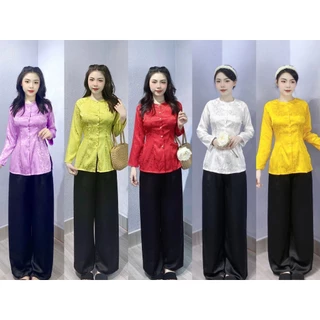 Bà Ba Vải Gấm Cao Cấp Cổ Tròn Tay Dài - Phối Quần Đen Lụa Satin