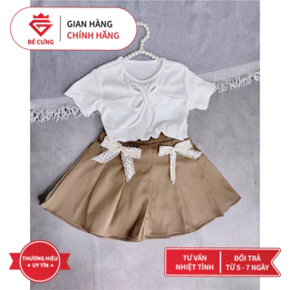 Set Áo Thun Gân Trắng Kiểu Kèm Chân Váy Xếp Li Nâu (Nơ) 99X Dành Cho Bé Gái [Bé Cưng Kids]