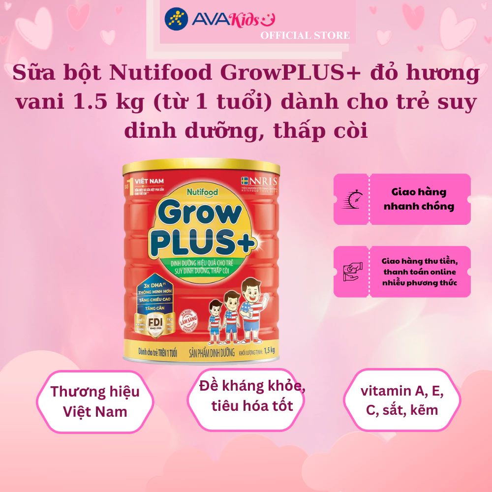 Sữa bột Nutifood GrowPLUS+ đỏ hương vani 1.5 kg (từ 1 tuổi) dành cho trẻ suy dinh dưỡng, thấp còi