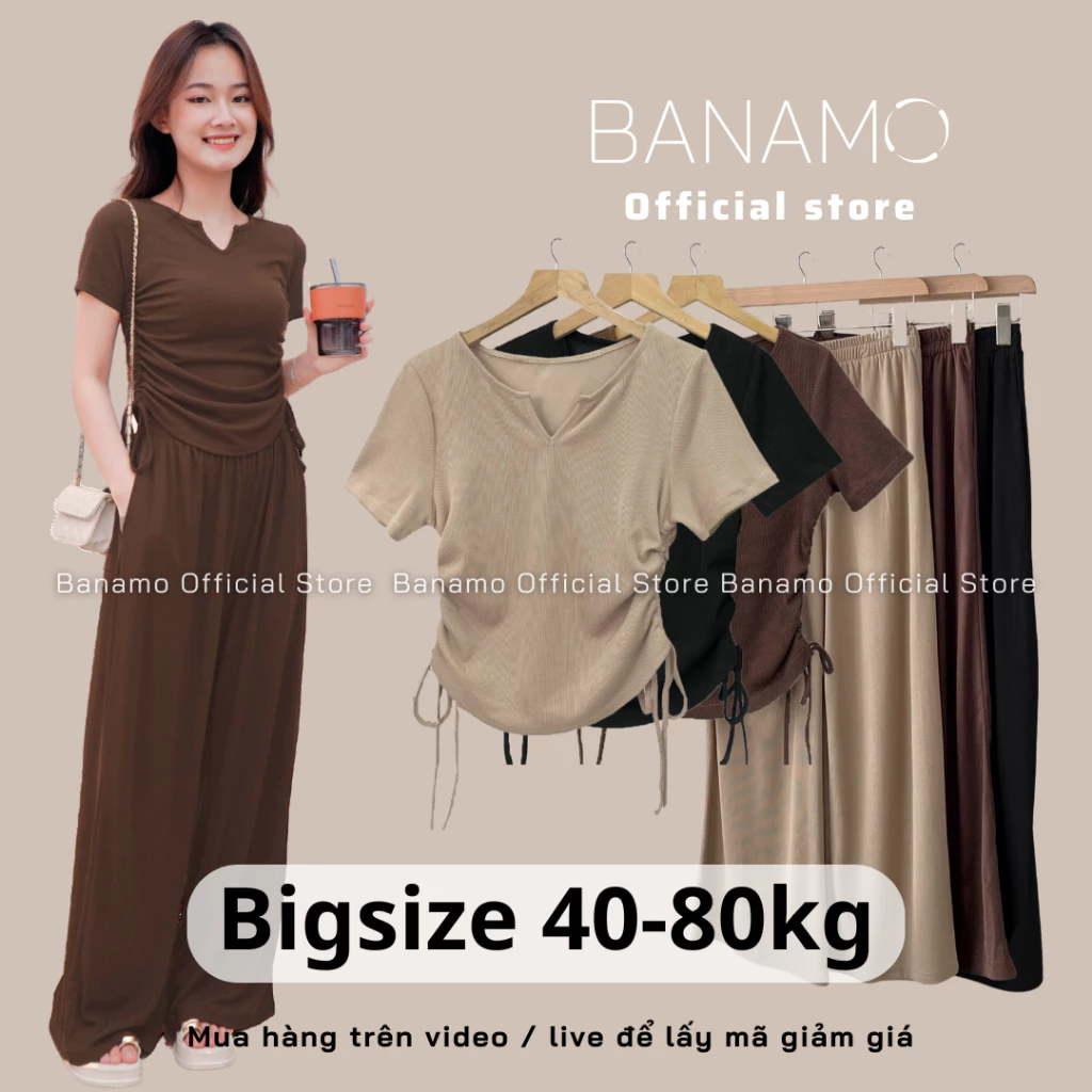 Set nữ BIGSIZE Banamo Fashion bộ áo cổ xẻ chữ V rút hông hai bên kèm quần culottes 1925