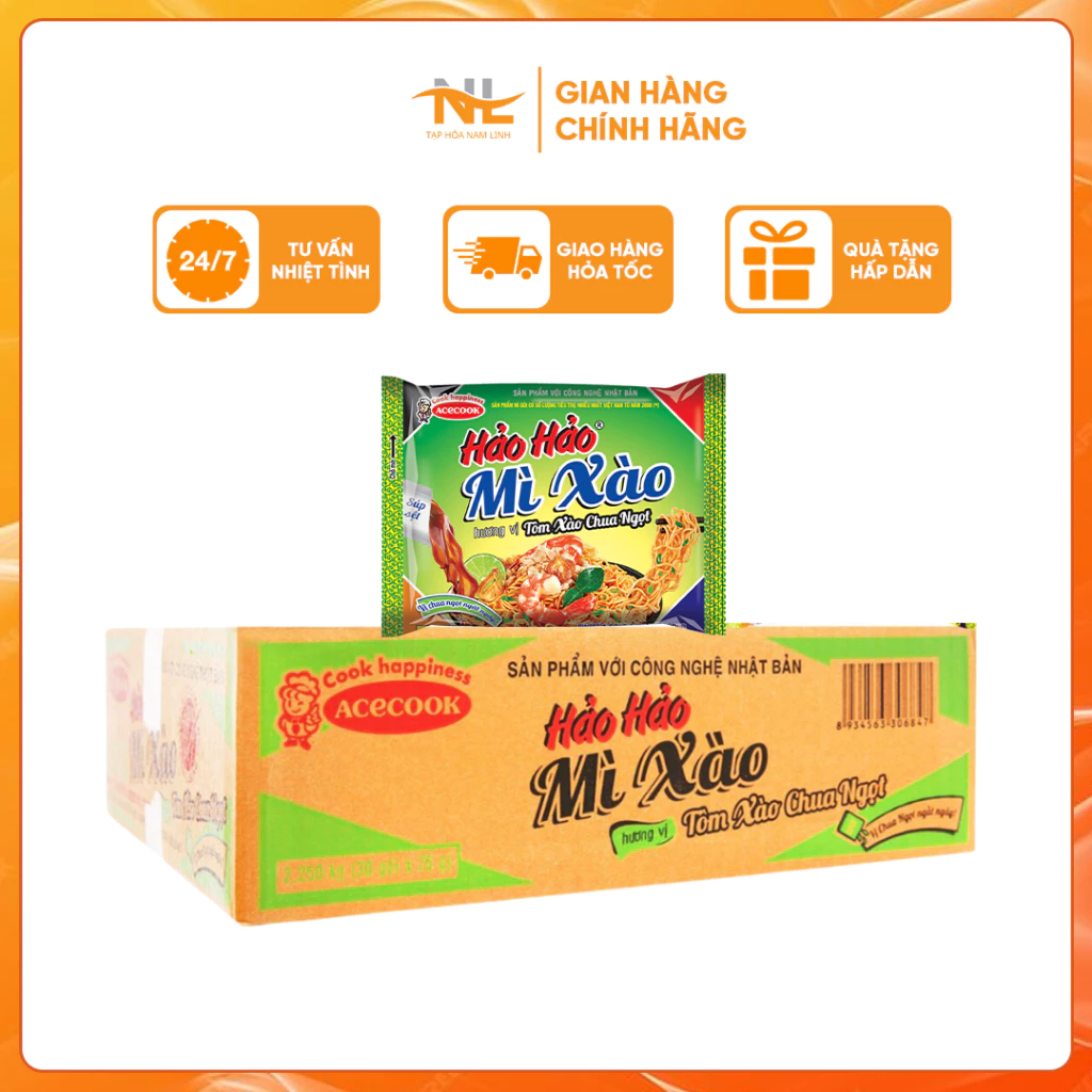 Mì Xào Hảo Hảo -  1 Thùng Mì Tôm Tạp Hóa Nam Linh Sợi Mì Dai, Ngon, Sốt Xào Vị Tôm Thơm, Đậm Vị Gói 75g, 1 Thùng 30 Gói