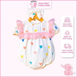 Bodysuit cho bé gái BirdKids - bộ sơ sinh thô lụa mềm mát, họa tiết trái tim phối bèo tiểu thư, tặng băng đô turban B19