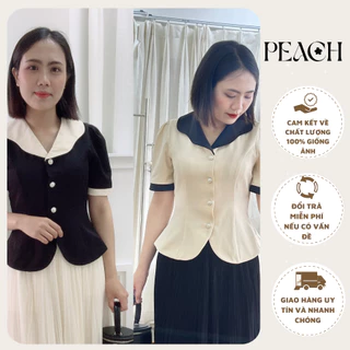 Áo Kiểu Nữ Peplum Cổ Vest Khoét Áo Sơ Mi Kiểu Nữ Tay Ngắn Viền Trắng Cúc Ngọc 2 Màu Đen Kem