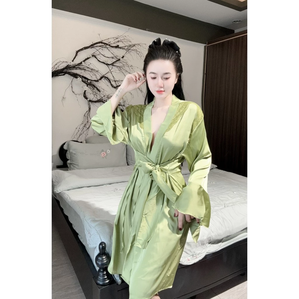 Áo choàng BIGSIZE <65 kg, áo choàng spa dạng kimono, áo choàng cô dâu chất latin phối ren mềm mịn