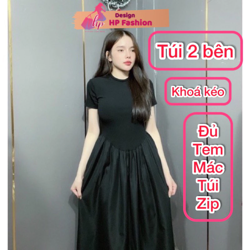 Đầm body tay ngắn cổ tròn maxi dáng dài, váy kiểu nữ tùng xoè màu đen đi tiệc đi chơi đi biển sang chảnh G818 vạt bầu