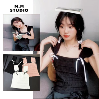 Áo Croptop cổ vuông M.M STUDIO - Áo Crop Top nữ đính nơ mùa hè xinh xắn FreeSize  M137