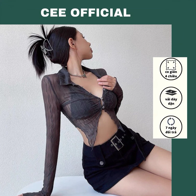 Áo croptop sơ mi tay dài vạt nhọn cổ tim kèm áo bra bên trong CEE OFFICIAL P43