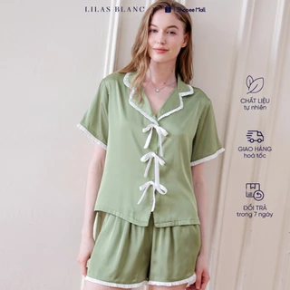 Bộ Pyjamas Nữ Mặc Nhà Áo Cộc Quần Cộc Chất Liệu Lụa Màu Xanh Matcha Nơ Điệu Đà Ribbon Bella LILAS BLANC