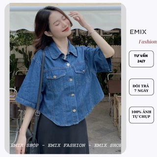 Áo jean croptop tay ngắn phối cúc cá tính EMIX, freesize dưới 55kg Aojeancrt7019/P0K17