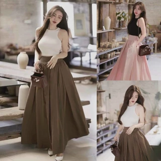 Set bộ đồ nữ áo croptop tăm lạnh ba lỗ mix chân váy xòe dáng dài với tone màu tôn da, siêu hot diện đi chơi, đi phố