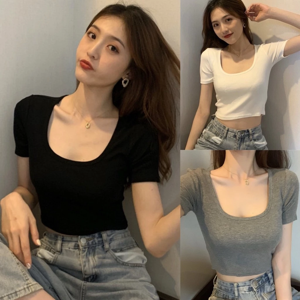 Áo thun nữ croptop ôm cổ vuông tay ngắn chất tăm co giãn A267 SUTANO