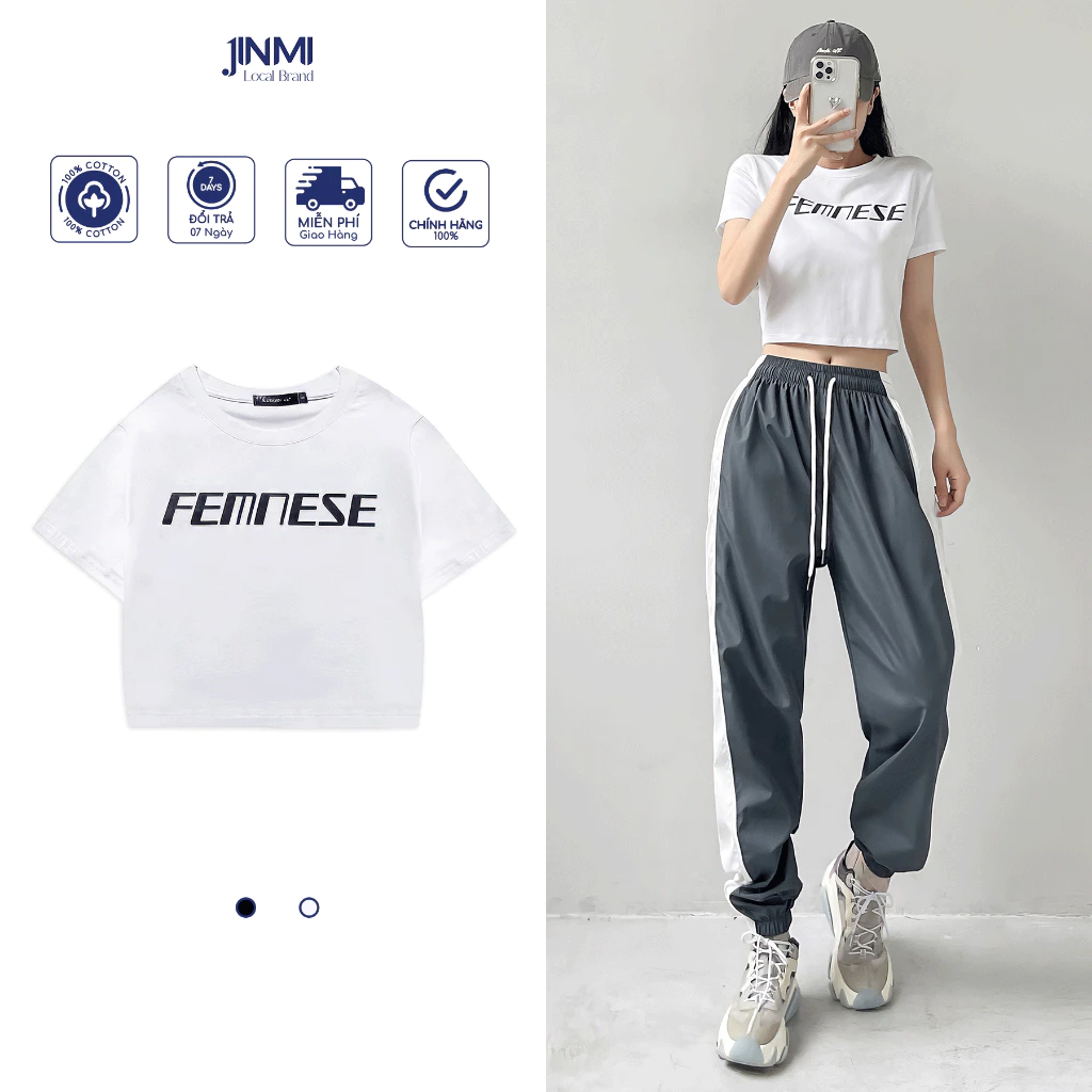 Áo thun croptop cộc tay Jinmi in chữ FEMNESE chất liệu 100% cotton form vừa tôn dáng JM57